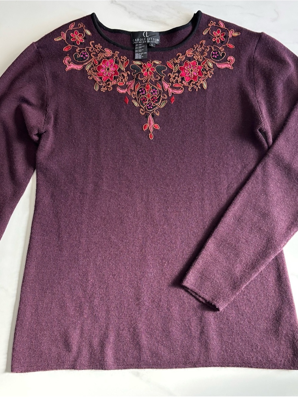 Carole Little Plum Embroidered Crewneck Sweater wool blend sz L